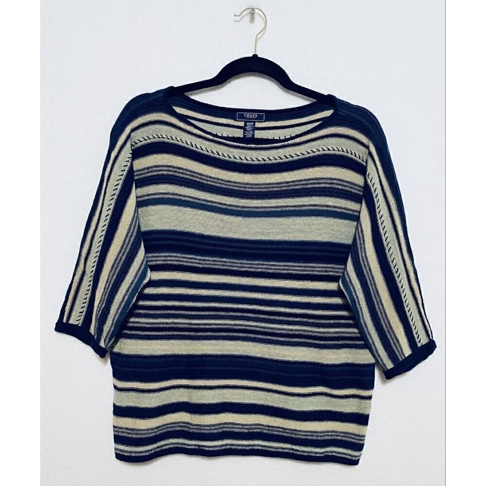 Chaps Denim Womens Medium Beige Blue Striped Sweater 3/4 Sleeves Aztec Southwest